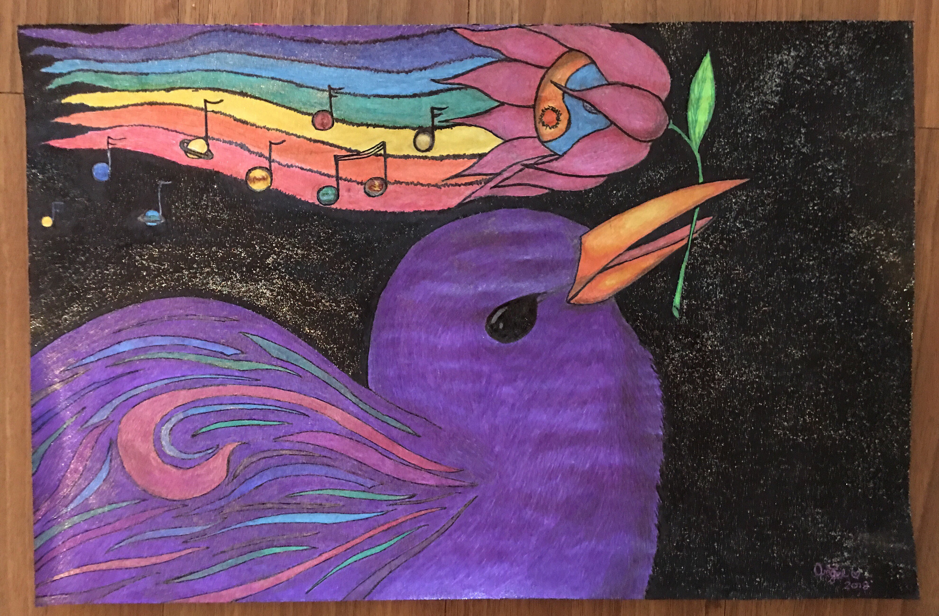 3000x1969 handmade original psychedelic bird chakra music trippy hippie etsy - Music Note Bird Drawing