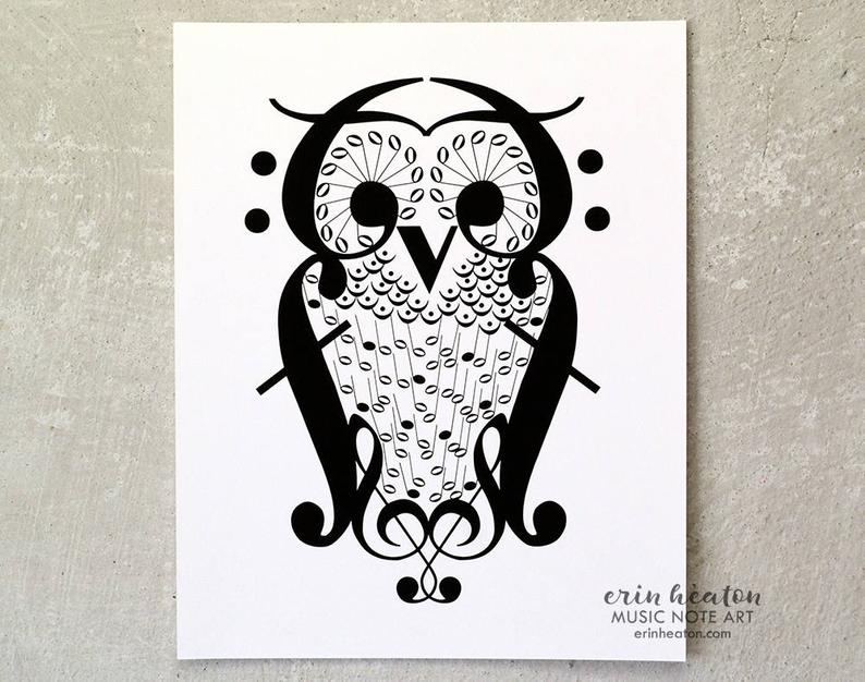794x626 owl music note art print fine art print - Music Note Bird Drawing
