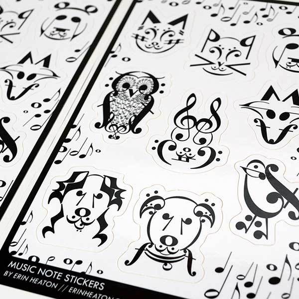 600x600 music note animal sticker sheets - Music Notes Line Drawing