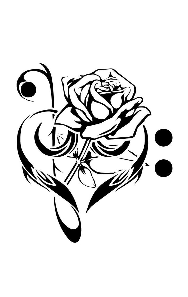 710x1124 black rose in music heart tattoo stencil - Music Tattoo Drawings