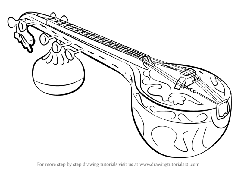 800x567 Learn How To Draw A Veena - Musical Instruments Drawing