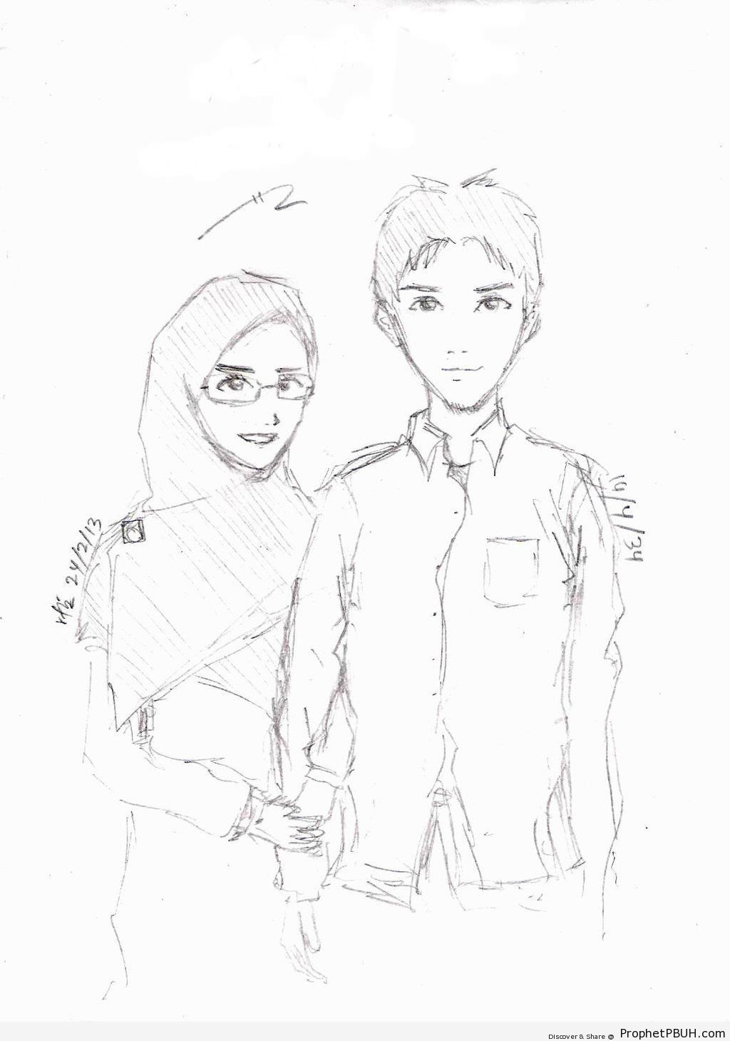 1024x1460 muslim girl and boy love pencil drawings - Muslim Girl Drawing
