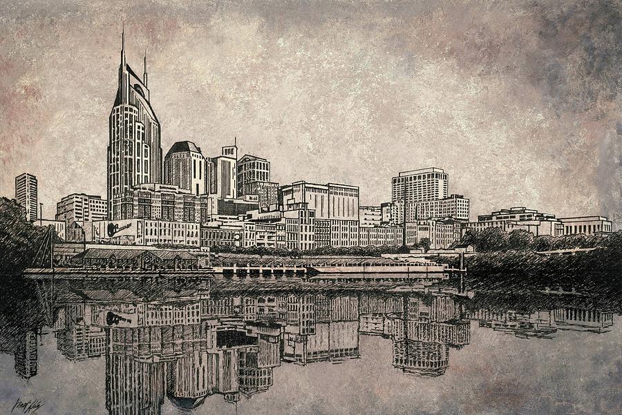 900x601 Nashville Skyline Mixed Media Painting Painting - Nashville Drawing