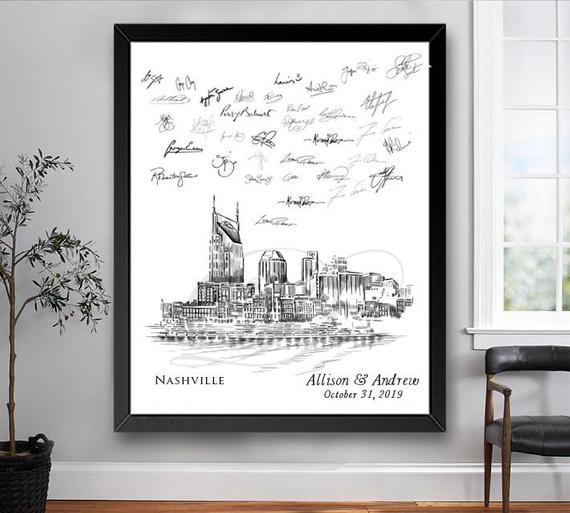 570x513 nashville water skyline wedding guest book alternative water etsy - Nashville Skyline Drawing