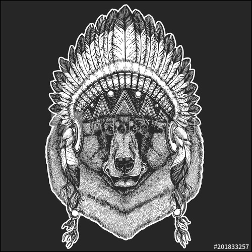 500x500 Black Bear Cool Animal Wearing Native American Indian Headdress - Native American Bear Drawing