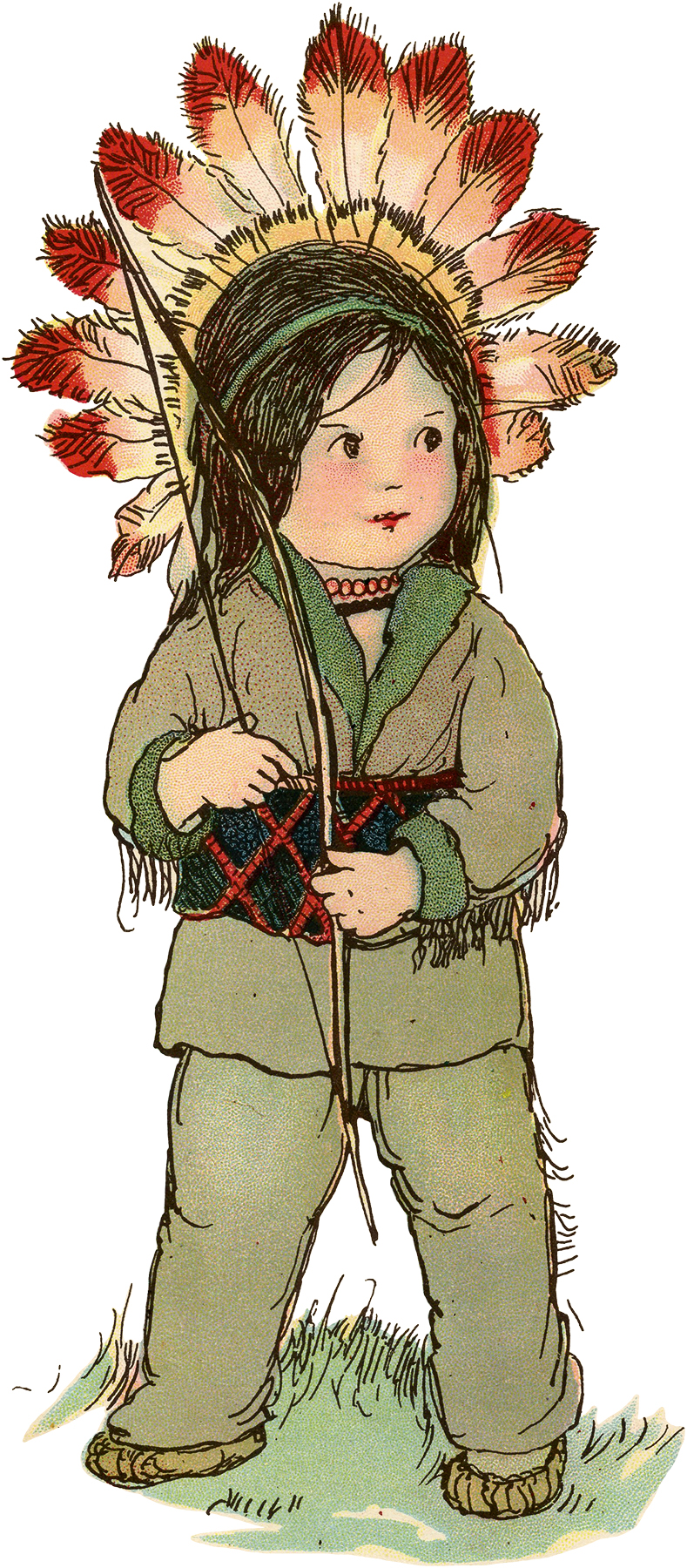 789x1800 vintage cute child in native america costume drawing! - Native American Boy Drawing