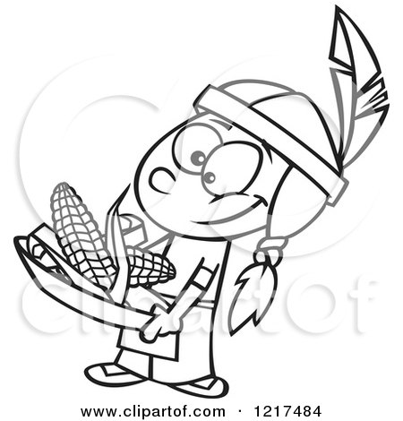 450x470 Clipart Of An Outlined Cartoon Native American Boy Holding Corn - Native American Boy Drawing