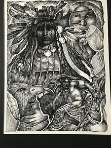 225x300 Vintage Original Art Kozak Native American Chief Headdress Drawing - Native American Chief Drawing