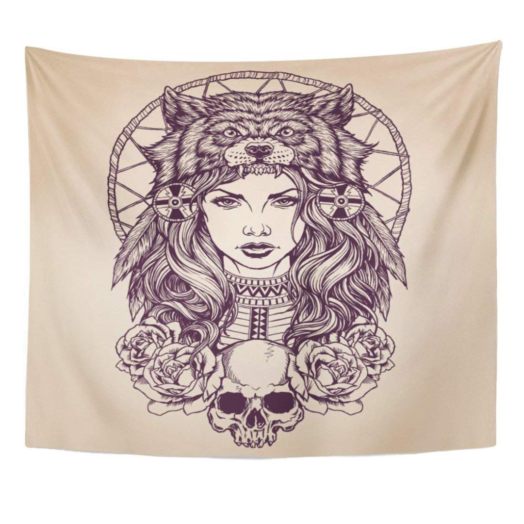 1080x1080 tapestry red tattoo native american girl with wolf headdress - Native American Girl Drawing