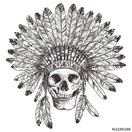 500x500 Hand Drawn Native American Indian Headdress With Human Skull - Native American Headdress Drawing