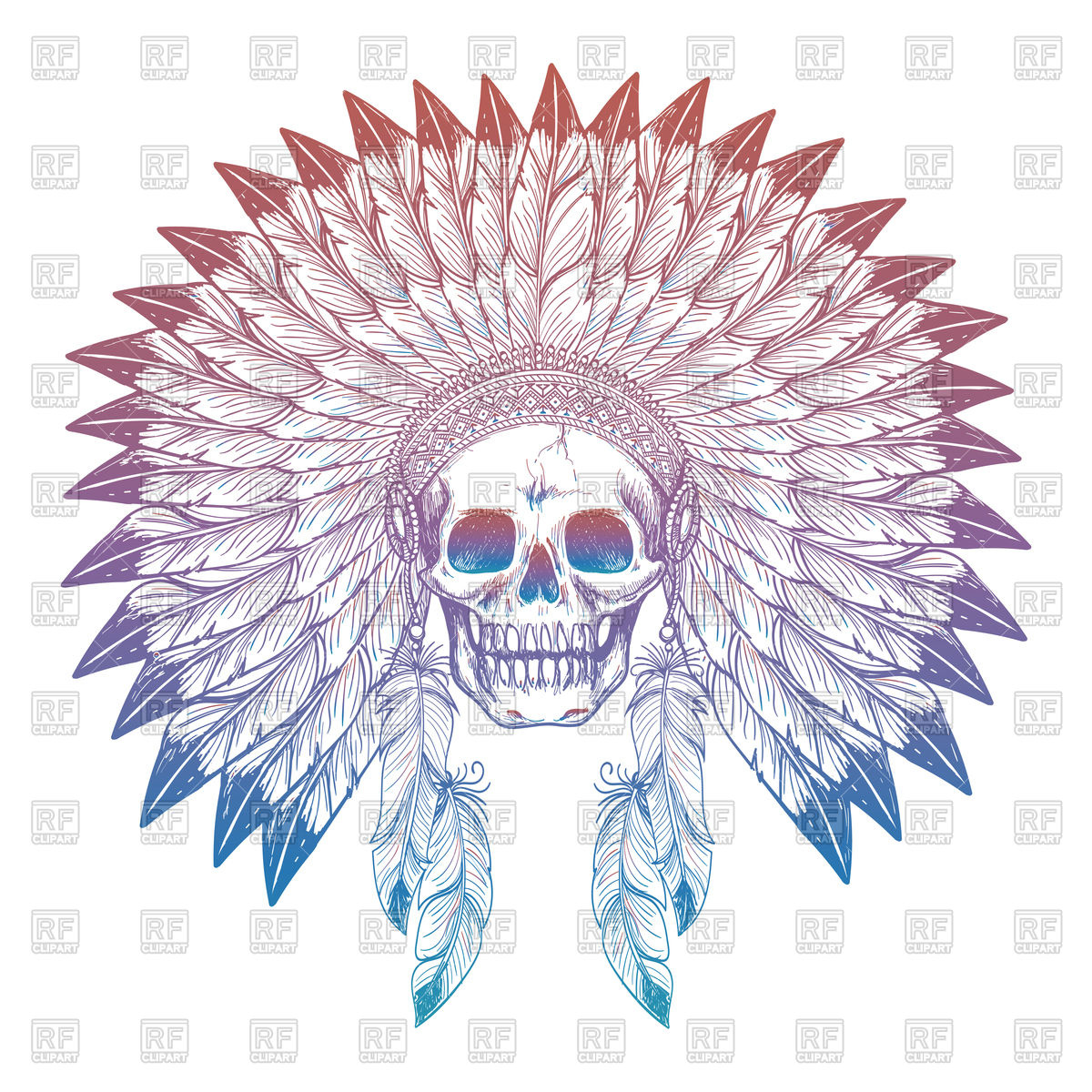 1200x1200 Hand Drawn Colorful Skull In Native American Headdress Vector - Native American Headdress Drawing