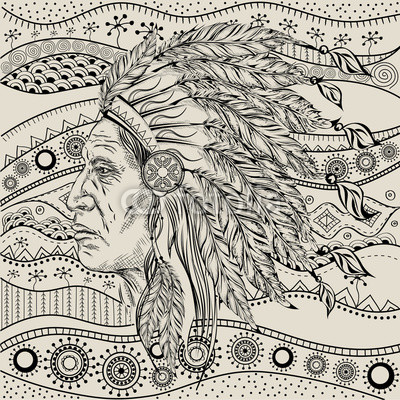 400x400 Man In The Native American Indian Chief On Ethno Pattern, Tribal - Native American Indian Drawings