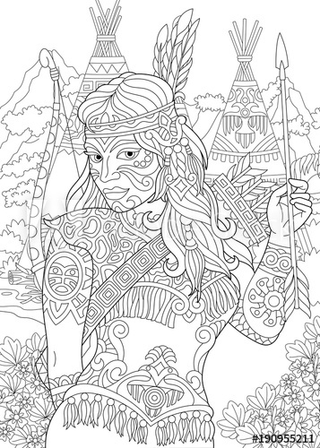 357x500 coloring page adult coloring book native american indian woman - Native American Indian Woman Drawing