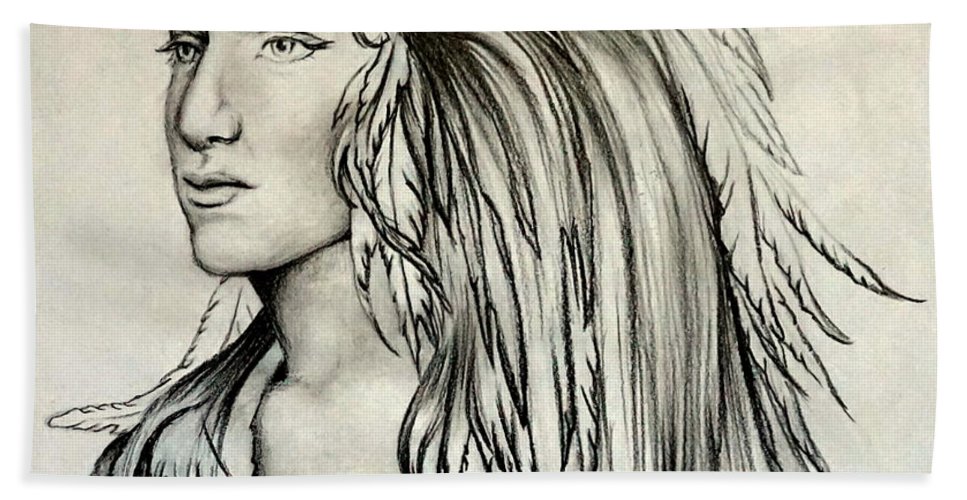 967x500 native american indian girl bath towel for sale - Native American Indian Woman Drawing