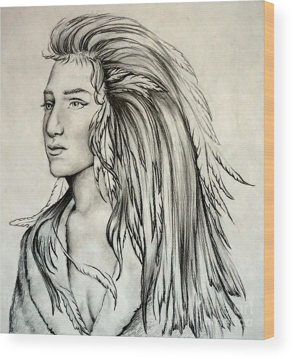 605x740 Native American Indian Girl Wood Print - Native American Indian Woman Drawing