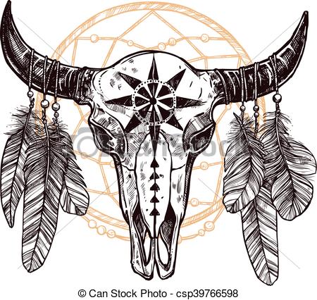 450x426 buffalo skull with feathers and dreamcatcher hand drawn scetch - Native American Skull Drawing