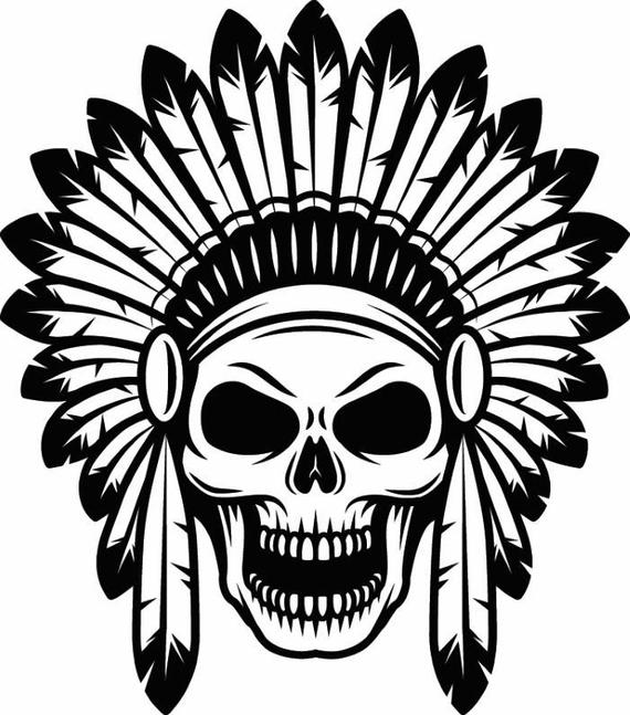 570x647 Indian Skull Native American Warrior Headdress Feather Etsy - Native American Skull Drawing