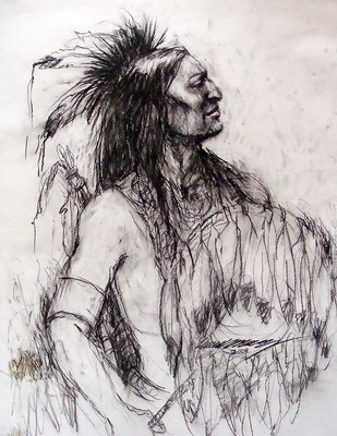 309x400 Native American Warrior With Sheild And Eagle Feathers Charcoal - Native American Warrior Drawing
