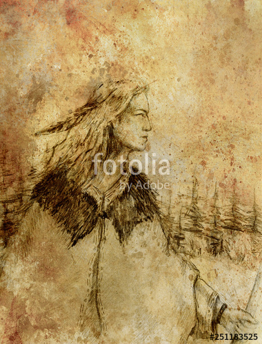380x500 Drawing Of A Young Native American Warrior In Nature Stock Photo - Native American Warrior Drawing