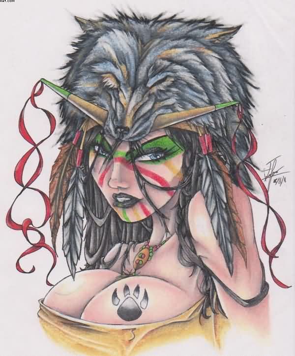 600x723 Native American Indian Girl Wolf Head Tattoo Design Tattoo Ideas - Native American Wolf Drawing