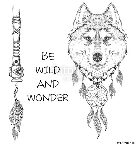 468x500 Animal Hand Drawn Illustration, Wolf Indian Warrior, Native - Native American Wolf Drawing