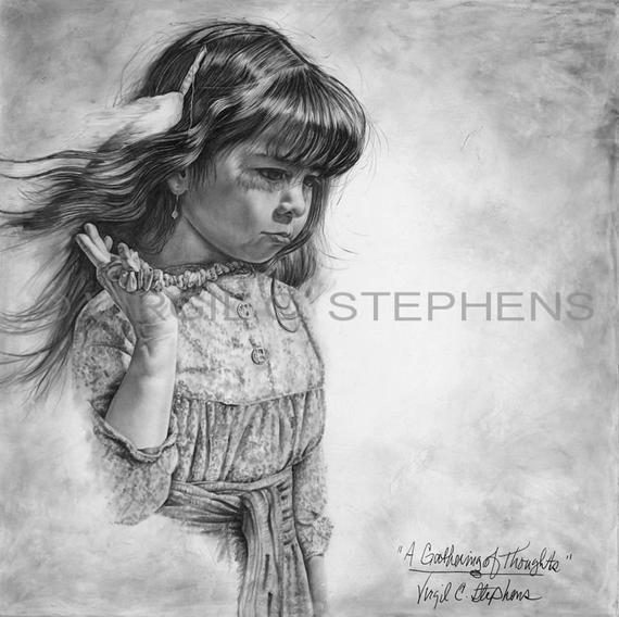 570x568 native american art a gathering of thoughts print of a etsy - Native Girl Drawing