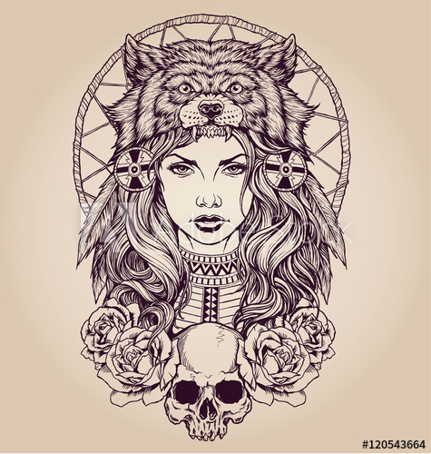 475x500 Native American Girl With Wolf Headdress - Native Girl Drawing