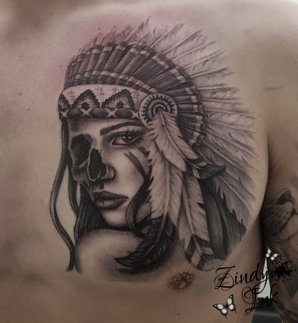 600x650 Skull Native Girl Tattoo - Native Girl Drawing