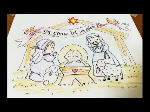 480x360 The Nativity Of Cute Baby Jesus Or Birth Of Jesus Scene Drawing - Nativity Drawing For Kids