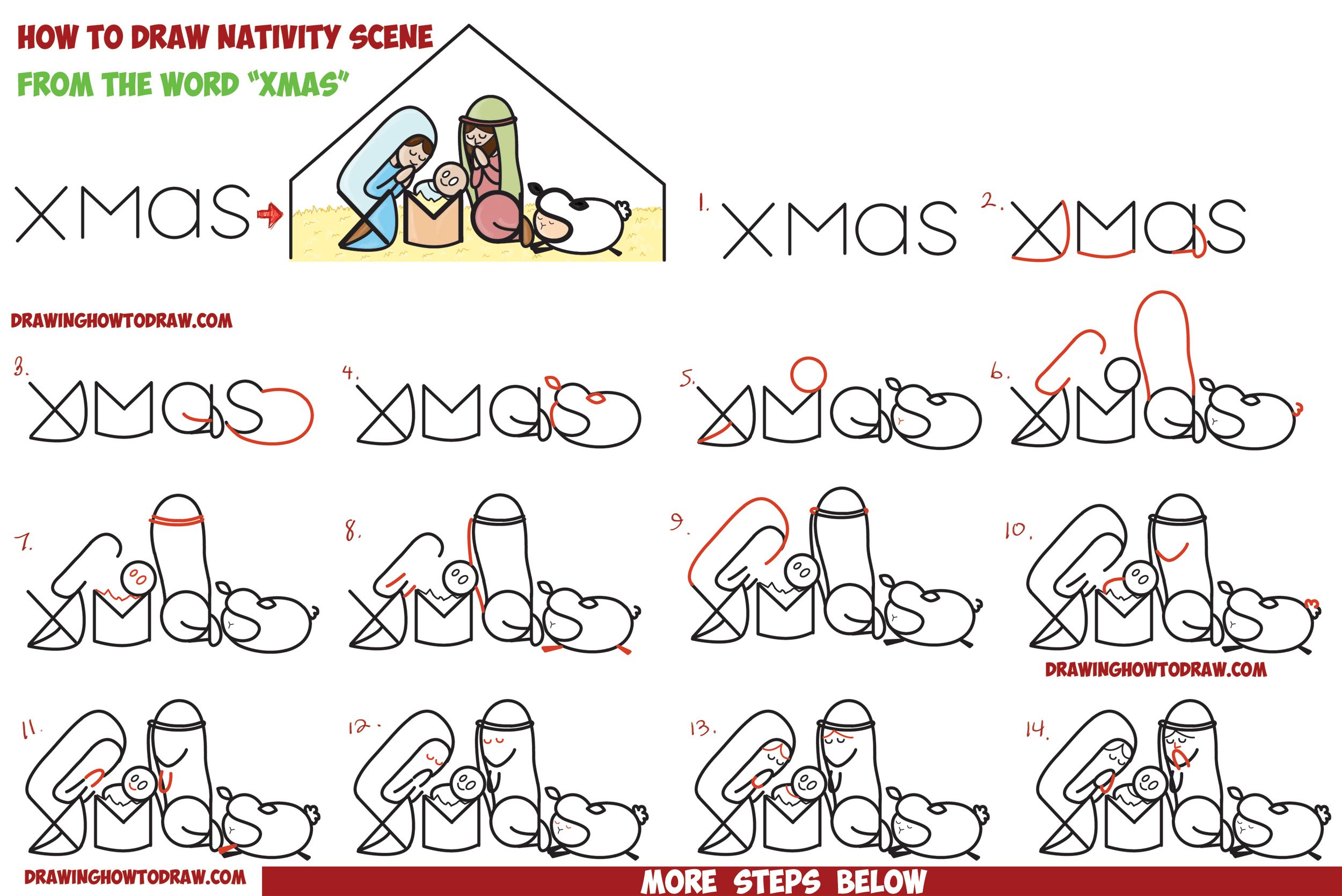 2500x1669 How To Draw Cartoon Nativity Scene With Mary, Jesus, And Joseph - Nativity Scene Drawing