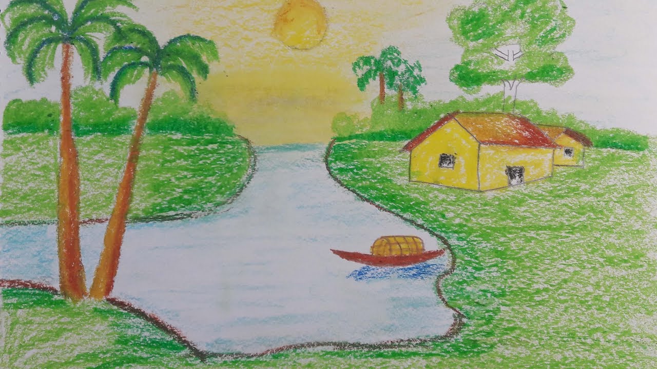 1280x720 How To Draw A Village Scenery With Oil Pastel Step - Natural Scenery Drawing
