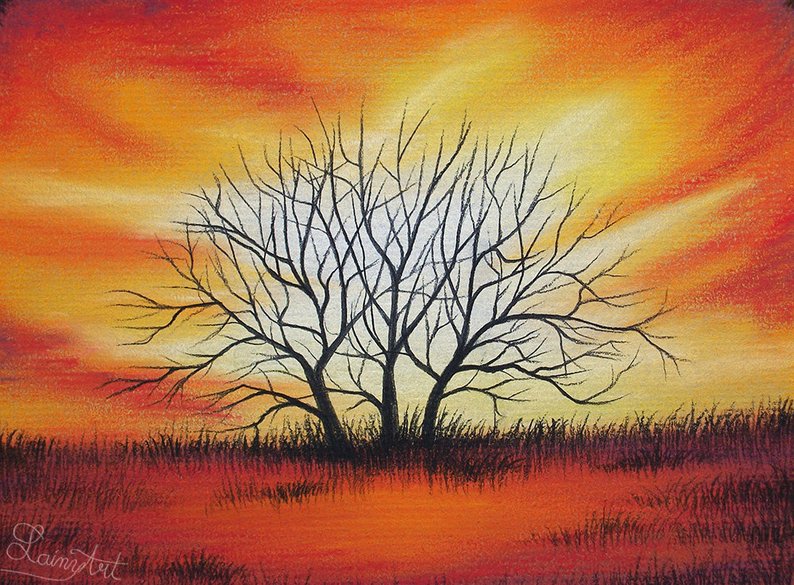 794x585 Sunset Fire Original Soft Pastel Art Tree Landscape Etsy - Nature Drawing Photos