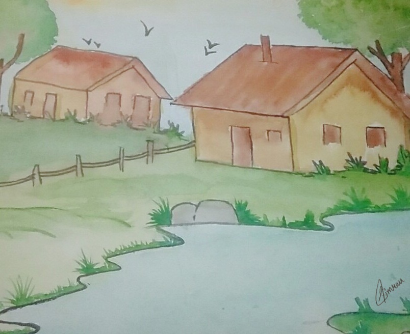 804x656 Beautiful House Near River Nature Drawing Drawing Skill - Nature Drawing Photos