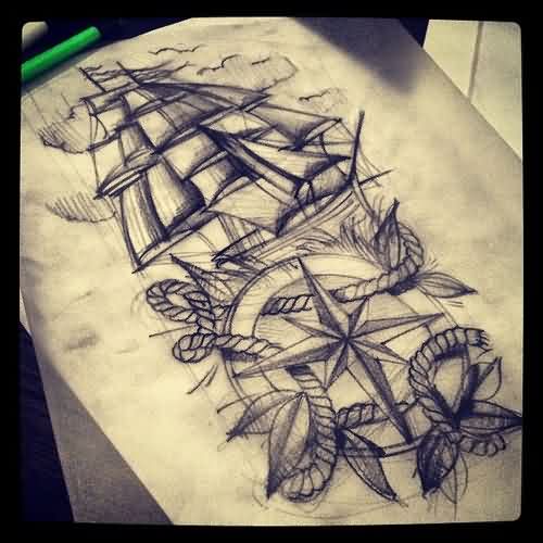 500x500 ship nautical compass and rope tattoo drawing tattoo ideas - Nautical Compass Drawing