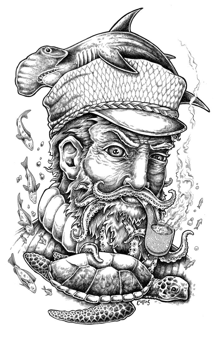 700x1082 Weathered Sailor Ink Drawing Bryan Collins - Nautical Drawings