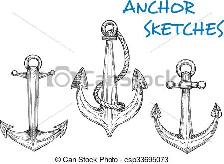 450x330 sketch of vintage nautical anchors with rope nautical sketch - Navy Anchor Drawing