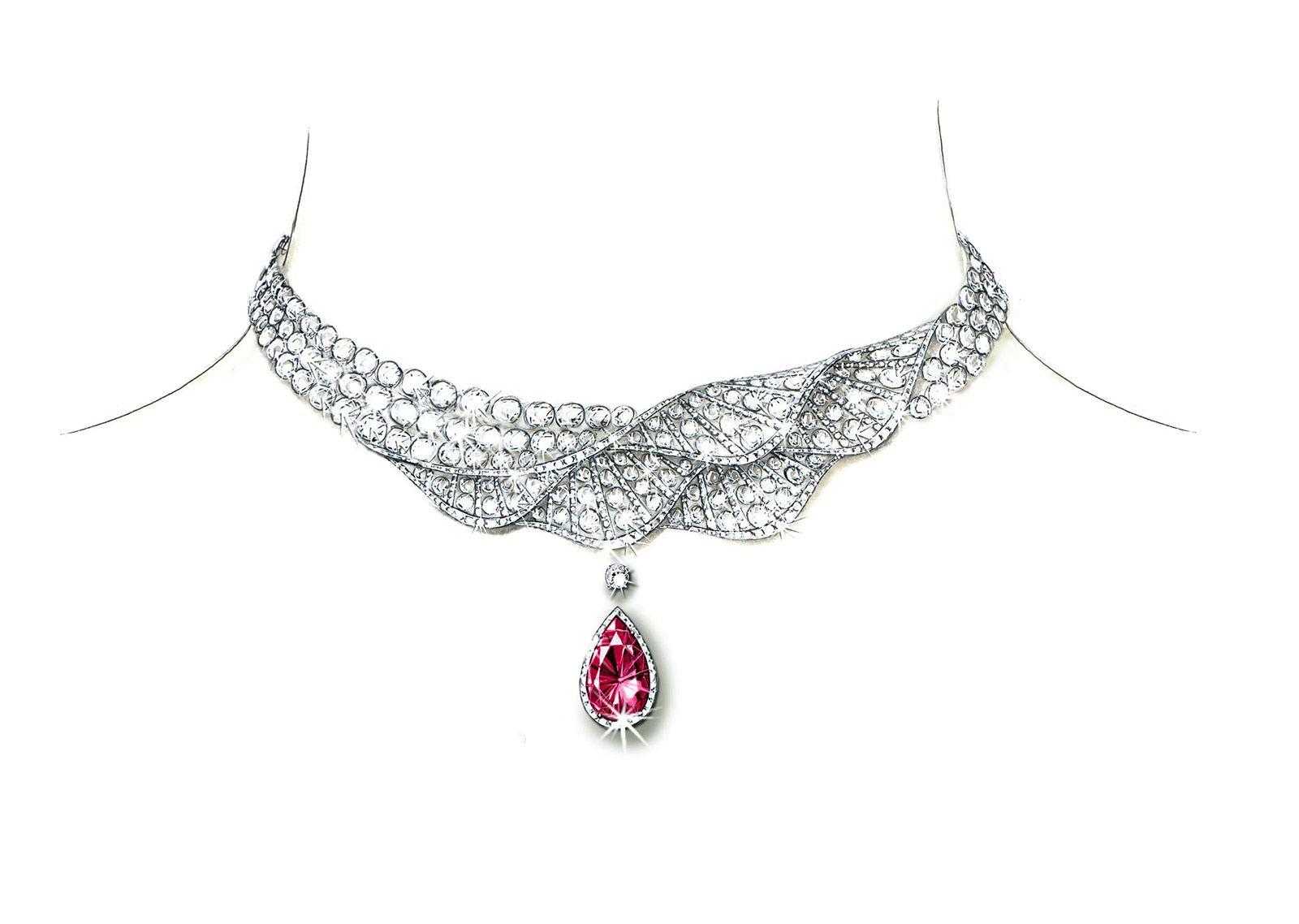 1600x1138 Drawing Of Adler Palais Des Vents Necklace With Rubies - Necklace Drawing