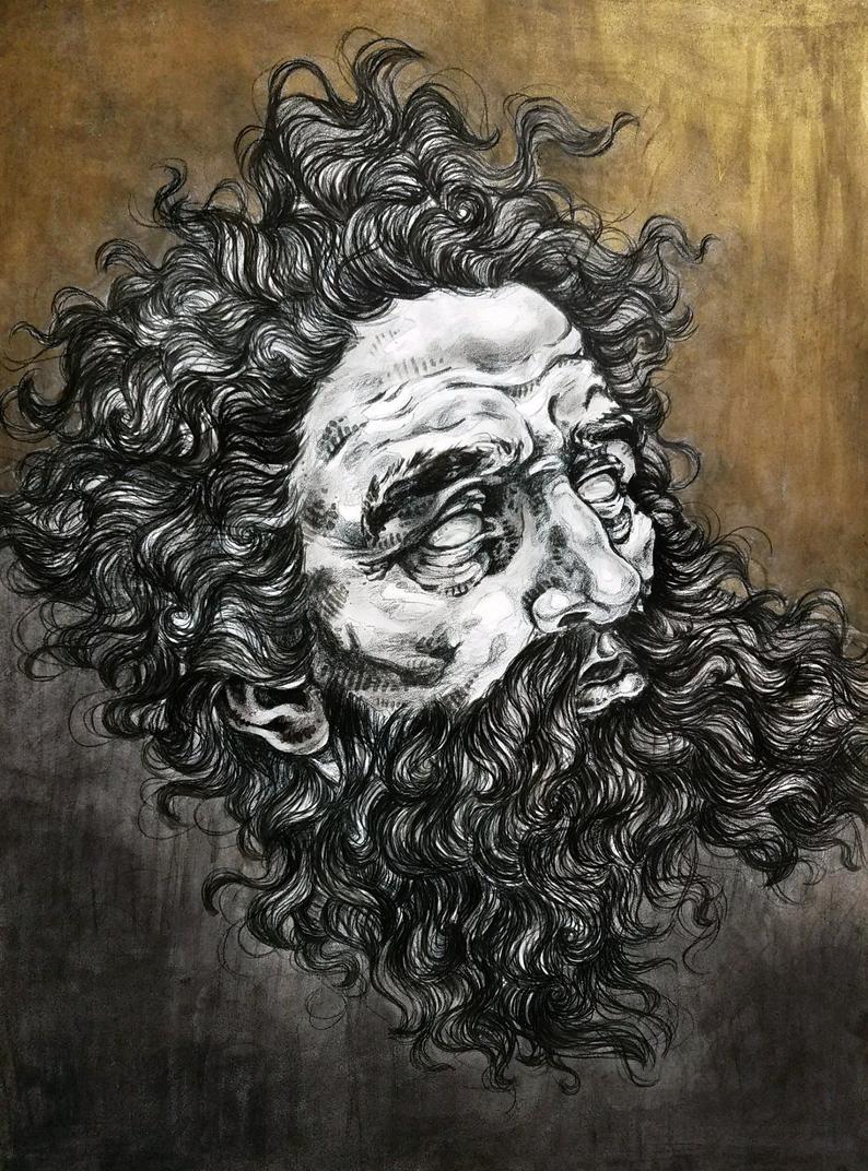 794x1072 Neptune Original Black Pencil Charcoal And Liquid Gold Leaf Etsy - Neptune God Drawing
