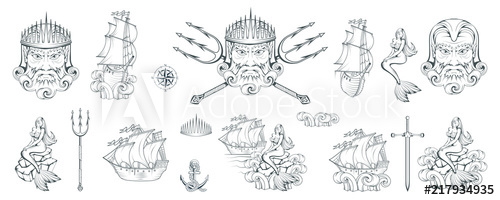 500x200 Poseidon - Neptune God Drawing