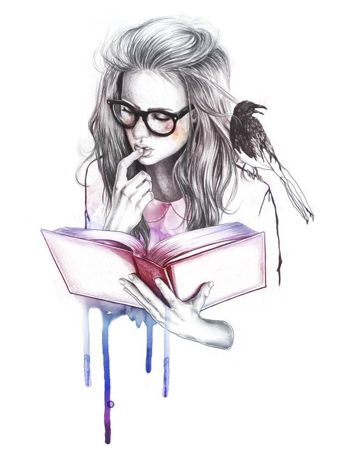 700x944 nerd girl reading drawing with watercolour drips fashion - Nerd Drawing
