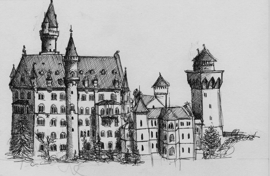 900x588 Germany Drawing Castle Building For Free Download - Neuschwanstein Castle Drawing