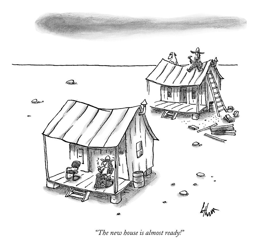 900x864 a man on top of a shack with a ladder drawing - New Home Drawing