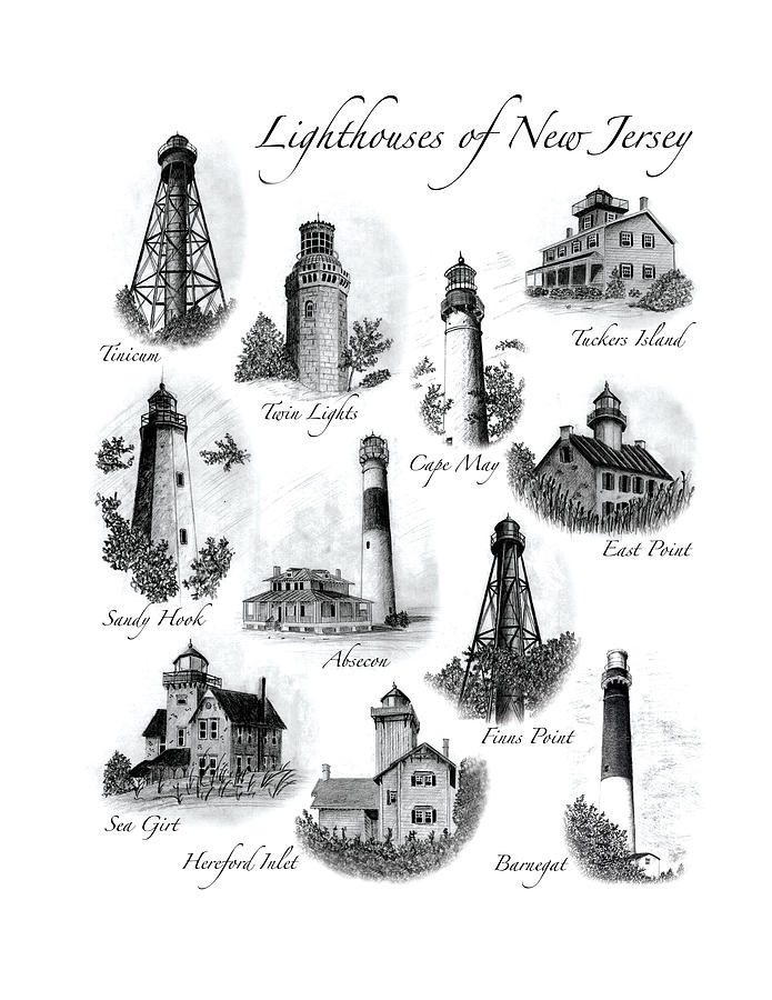695x900 lighthouses of new jersey drawing - New Jersey Drawing