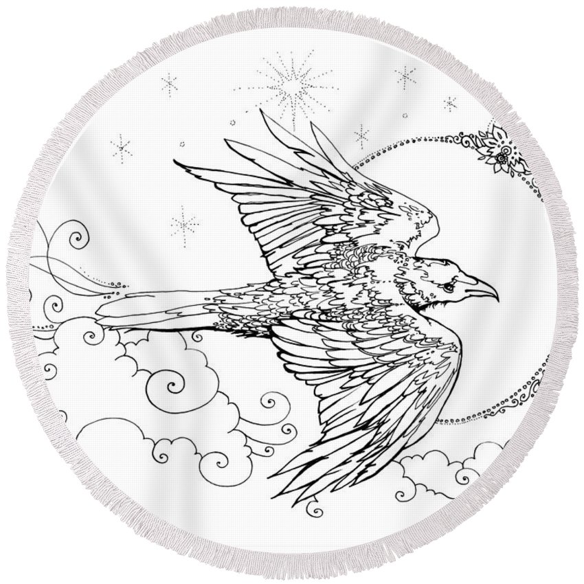 850x850 Raven New Moon Line Drawing Round Beach Towel For Sale - New Moon Drawing