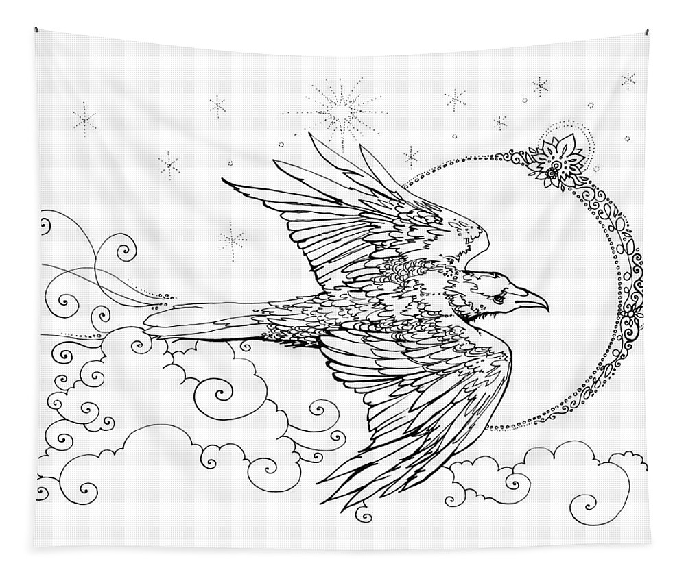 1000x851 Raven New Moon Line Drawing Tapestry For Sale - New Moon Drawing
