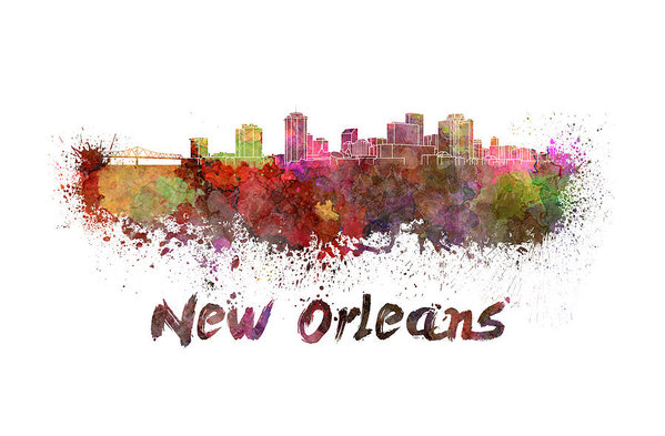 599x393 New Orleans Skyline In Watercolor Art Print - New Orleans Skyline Drawing