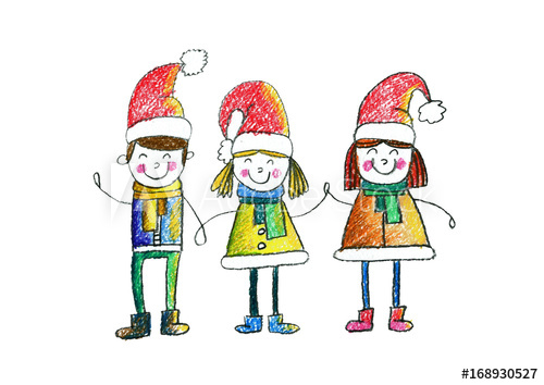 500x354 Cute School Or Kindergarten Children Wearing Christmas Hats Kids - New Year Celebration Drawing