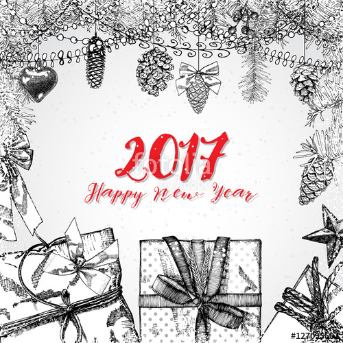 500x500 Happy New Year Hand Drawing Greeting Card Design - New Year Celebration Drawing