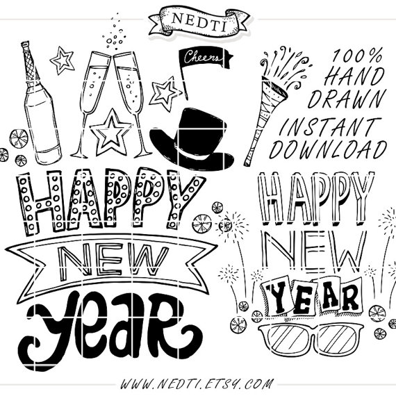 570x570 Happy New Year Hand Drawn Lineart Clip Art, Clipart, Photo - New Year Celebration Drawing