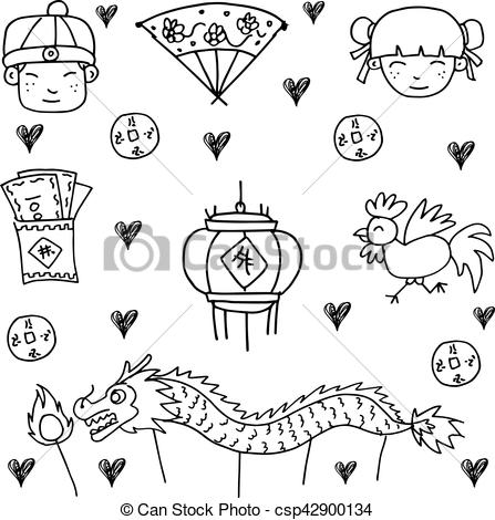 447x470 hand draw of chinese new year doodle vector art - New Year Drawing